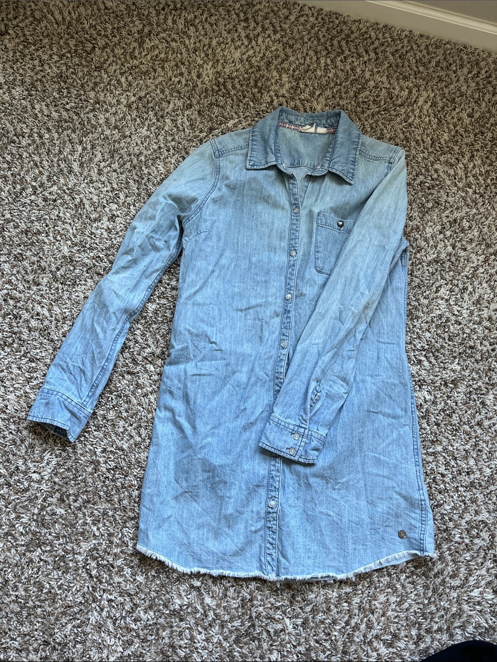 Roxy Faded Light Blue Denim Shirt Dress with Pink Trim